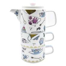 FUNKIDS 1724-20 Set Tetera Con Tapa y 2 Tazas De Porcelana Apilables Juego de Té para 2 Personas Estilo Vintage con Decoración de Cupcakes Capacidad 450 mililitros con Caja de Regalo - Multicolor - Ver 6