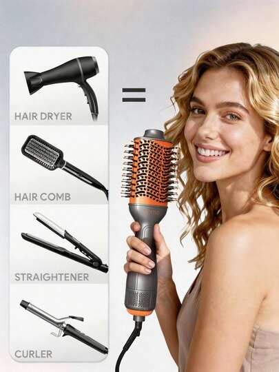 4-In-1 One-Step Volumizing Hot Air Brush, Hot Comb, Blow Dryer Brush, Easy Salon-Style, Hair Dryer And Styler Volumizer For Drying Straightening Curling Volumizing Hair, Built-In Care For Shiny Hair, Quick Blow Dry, 3 Adjustable Temp, No Tugs, No Tangles & No Snags Curling Brush, Electric Brush For Style All Lengths & Textures, Suitable For Fashion Women Makeup Cosmetic Party Beach Travel Camping Outdoors