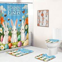 1件/4件套复活节兔子、彩蛋、花朵图案浴帘套装，猫、狗、三叶草、硬币设计，优雅的乔迁浴室装饰浴帘，配有12个挂钩、防滑浴垫、U型马桶垫、马桶盖套，春季浴室套装 - F - 查看 5