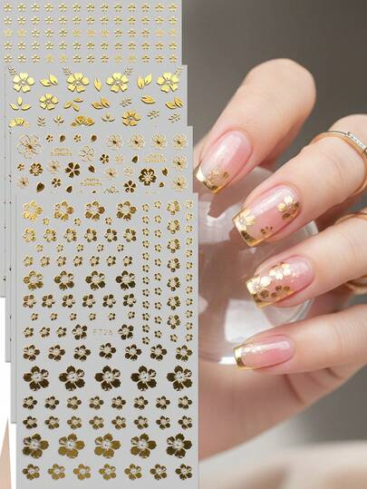 4pcs Romantic Spring Sakura Nail Art Stickers - Champagne Gold Outline & Pearl White Floral Nail Decals - Elegant Garden Style, Suitable For Valentine's Day, Wedding Season, Spring, Summer Daily DIY Nail Decoration
