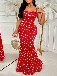 AIJ Đầm maxi hai dây in hình trái tim đỏ của Amarilo dành cho nữ - Thích hợp cho Ngày Valentine, kiểu dáng đuôi cá ôm eo, thanh lịch mùa xuân/hè. - Đỏ - Xem 3