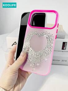 Heart 1pc Colorful Patchwork Phone Case, Heart-Shaped Rhinestone Decor, PC+TPU Material, Semi-Transparent Matte Surface, Anti-Drop Phone Case, Compatible With Iphone 17/17 Pro/17 Pro Max - Hot Pink - View 8