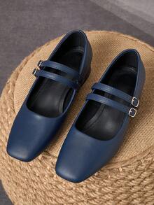 女士3厘米布面包跟时尚海军蓝金属酒红色玛丽珍粗跟黑色高端鞋 - 藏蓝色 - 查看 3