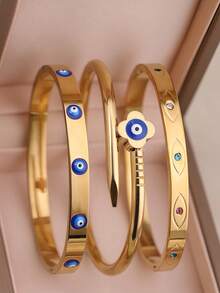 3pcs/1pc Fashionable Blue Eye Series Bracelet Set, Suitable For Daily Wear, Music Festival, Halloween Gift, Stainless Steel Stackable Bangle - Eye - View 11