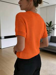 Minimalist Solid Color Round Neck Short Sleeve Knit Top Summer - Burnt Orange - View 2