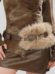 1pc Boho Faux Fur Solid Color Waist Belt, Y2K Vintage Versatile Furry Waist Cincher, Accessory To Pair With Coats, Jeans, Dresses, Suitable Daily Wear, Parties, Halloween - 波西米亞風搭扣皮草腰帶 - 查看 5