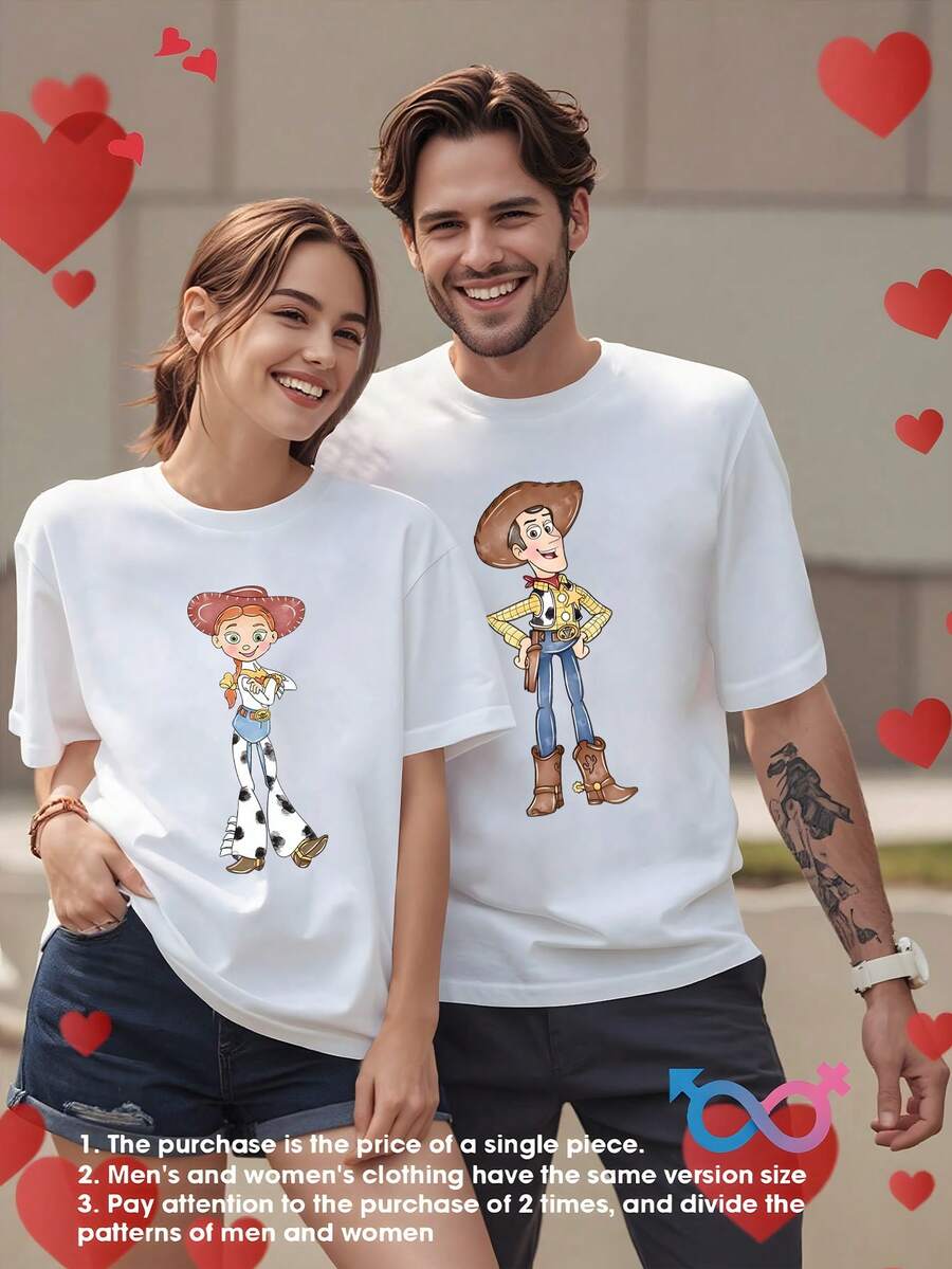 Disney A Couple'S Short-Sleeve T-Shirt Themed Around Toy Story. The Women'S Version Features A Cartoon Line Art Style Of Jessie - 女士白色 - 查看 1