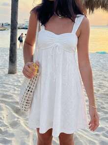Đầm ngắn dáng chữ A có dây rút, chất liệu vải dệt họa tiết, thích hợp mặc hàng ngày và đi nghỉ mát. - trắng - Xem 4