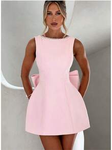 New Summer Women's Pearl Bow Back Fashionable Slim Fit Short Dress Hot Girl A-Line Dress - 粉色 - 查看 7