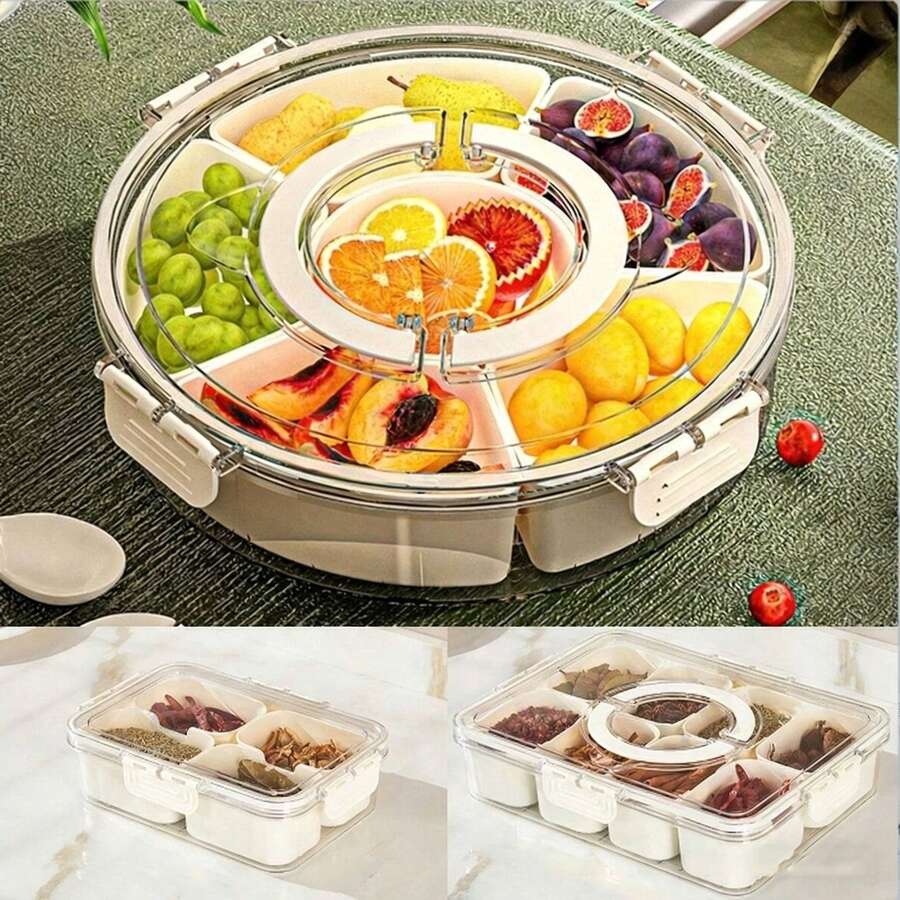 1个食品储物盒，配有4/6/8个小碗，大容量塑料托盘带密封盖，派对/宴会分隔盘带把手，可旋转圆形/长方形支架，适合存放糖果、水果、坚果、干果、咖啡豆、零食等，适用于家庭、客厅、厨房、酒店、办公室、婚礼等场所，可用作储物盒、桌面收纳盒，也是一份不错的圣诞礼物。