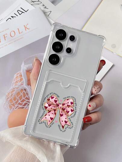 1pc Transparent Shockproof Card Holder Phone Case With Colorful Hollow Bow & Heart Pattern, Compatible With 7, Galaxy S25 Ultra/A14/A24, Android Phones Note 12 Pro, Pixel 8/8 Pro