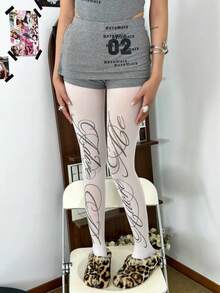1pc Sexy Tights, English Letter Print Pantyhose For Women, Sweet & Chic Style, Suitable For All Seasons, Velvet White Letter Pattern Leggings, Retro Fashion, White Skinny Pants/Thigh High Socks, High Elasticity Wool Blend, Slim Fit, Suitable For Casual, Office And Home Wear In Autumn/Winter, Warm And Comfortable - Multicolor - View 4