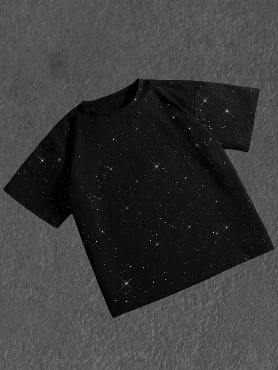 男士夏季星空亮片T恤，圆领休闲上衣，适合运动、街头穿搭、日常穿着、通勤和户外活动 - 黑色 - 查看 1