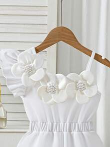 Young Girl's Solid Color Beaded 3D Floral Decor White Sleeveless Jumpsuit, Suitable For Daily Play, Weekend Outings, Party Occasions - White - View 7