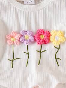 2pcs/Set Baby Girls' Cute Floral Print Round Neck Top And Flared Casual Pants Set, Summer - White - View 5