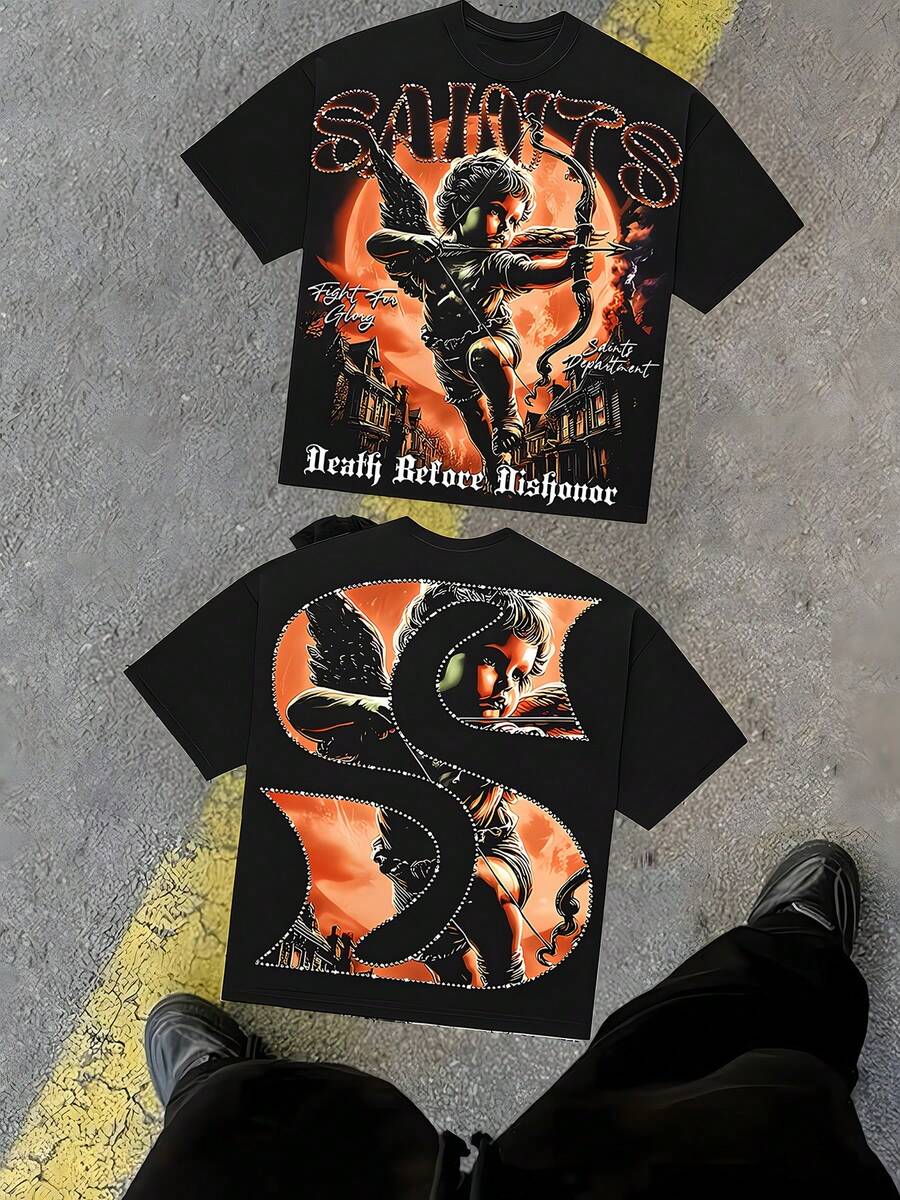 Double-Sided Printing (220 Cotton T-Shirt) Men's Y2K Tee - American Street Style! Saints Department Battle Angel Blood Moon Print Short-Sleeved T-Shirt - American High Street Dark Style, Short Sleeves Graphic Tee,Camisetas Para Hombre,Black Graphic Tee,Suitable For Young Men To Wear Casually.Summer Clothes - 黑色 - 查看 1