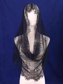 1pc Black Lace Bridal Veil, Women's Solid Color Lace Embroidered Shawl Scarf Muslim Headscarf - 黑色 - 查看 9