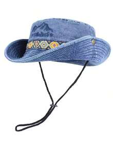 Boho Unisex Summer Outdoor Leisure Sun Hat Cowboy Anti-UV Fishing Cap For Men With Wide Brim (Button Placement And Fabric Pattern Random) - A Navy Blue - View 6