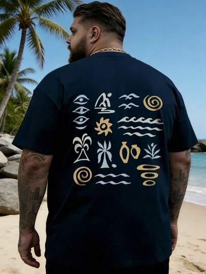 AnChiStreetwear - Camiseta de manga corta casual con estampado de símbolo de pintura rupestre vintage y elemento abstracto de isla tropical, adecuada para vacaciones en la playa, uso casual diario y streetwear, que transmite el espíritu "Aloha" para hombres de talla grande