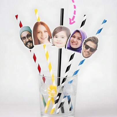 Personalized Face Straw - Customized Face Shape Cut-Out, Personalized Face Photo Sticker With Straw And Holder, Christmas Gift, Home Decor, Decorations, Personalized Gift, Custom Gift, Surprise Gift, Wedding Essential, Suitable For Birthday, Wedding, Holiday, Celebration Party