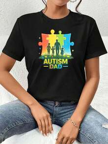 Puzzle Graphic T-Shirt for Autistic Dads, Premium Cotton, Crew Neck, Relaxed Fit, Eye-Catching Print, New Arrival - Preto - Ver 1