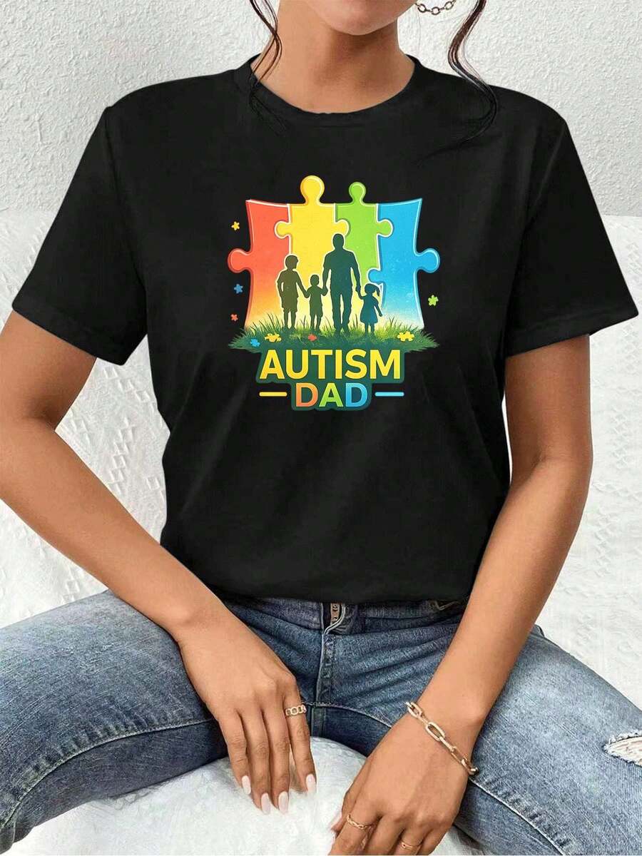 Puzzle Graphic T-Shirt for Autistic Dads, Premium Cotton, Crew Neck, Relaxed Fit, Eye-Catching Print, New Arrival - Preto - Ver 1