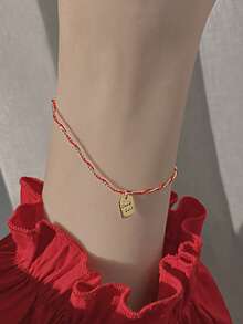 1pc S925 Sterling Silver New Chinese Style Rectangular "Goodluck" English Bracelet, Women's Fashion Unique Personalized Braided Red Rope Student Best Friend Delicate Jewelry Gift - Square - View 9