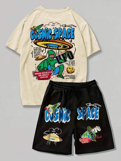 Conjunto de camiseta de cuello redondo con estampado de letras de Los Ángeles y pantalones cortos con cordón, multifuncional, adecuado para viajes al aire libre, conjunto de verano para adolescentes varones