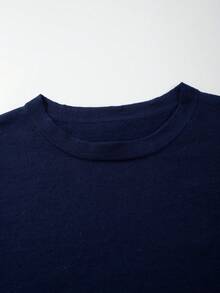 Camiseta de manga corta de punto cepillado de color liso, estilo empresarial minimalista y maduro, nueva para primavera/verano, vuelta al cole - Azul - Ver 4