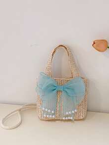 Pink Bow Straw Handbag, Girly Woven Underarm Bag, Summer Mini Purse - Multicolor - View 18