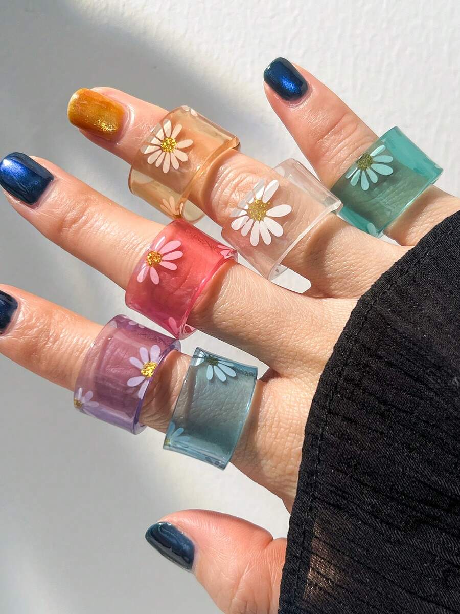 6pcs Summer Daisy Transparent Resin Rings, Fresh Girl Style Stackable Finger Rings - Multicolor - View 1