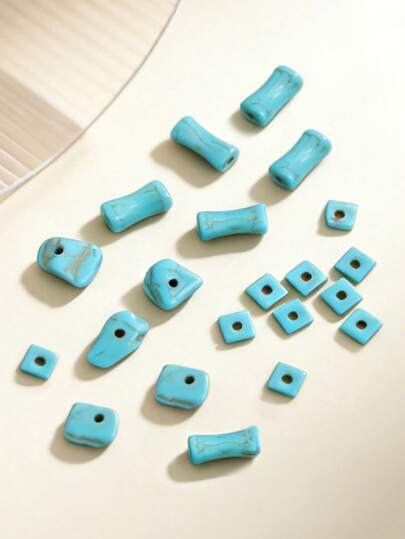 40pcs Randomly Mixed Turquoise Geometric Irregularly Perforated Bead Earrings, Bracelets, Necklaces, Spacer Beads, Accessory Items