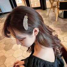 5pcs Feather Barrette With Rhinestones, Korean Style Metal Hair Clips For Women And Girls - Champagne - View 6