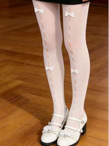 1 Pair Y2K Lolita Red Bow Fishnet Thigh High Stockings, Hollow Out Design For JK Girls - White - View 2