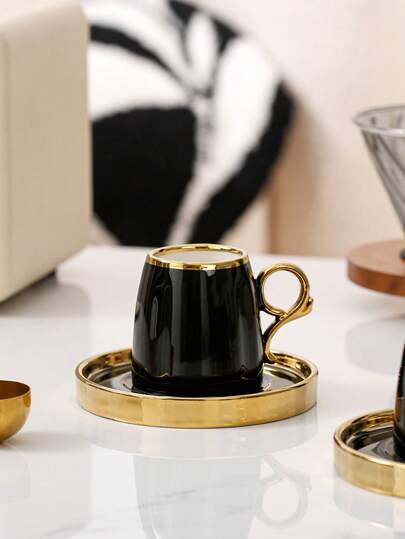 1 Cup 1 Saucer / 6 Cups 6 Saucers, 110ml + 4.5inch Ceramic Cup & Saucer Set, Electroplated Gold Design, Luxury Minimalist Style, Coffee/Tea Set For Home, Office, Living Room, Kitchen, Gift
