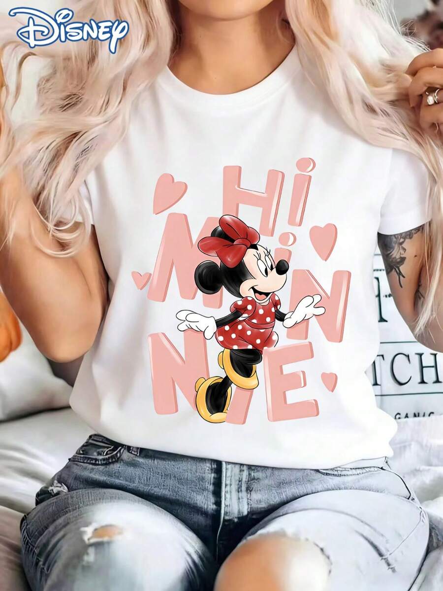 Disney Full Of Girlish Charm! Hi Minnie Mouse Heart And Letter Print Women's T-Shirt, Casual And Stylish Round Neck Short-Sleeved Summer Top, Youthful And Preppy Cartoon Sweatshirt, Perfect For Outdoor And Everyday Casual Wear. Product DetailsMade From Soft, Comfortable, And Durable Pure Cotton, This Is An Ideal Choice For Spring And Summer. This Crew Neck T-Shirt Is Suitable For Various Occasions, Including Everyday Wear, Shopping, Parties, Travel, And Gatherings, And Also Makes A Thoughtful Gift. - White - View 1