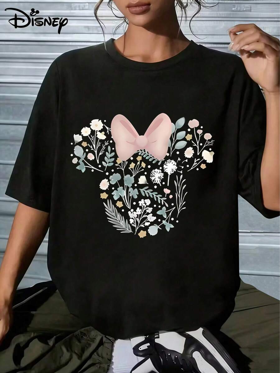 With Minnie Mouse's Floral Silhouette As Its Core Design Element, This Fresh And Versatile Gift Makes It An Ideal Present For Disney Fans. Suitable For: Holiday Gifts, Themed Parties.Made From Soft, Comfortable, And Durable Pure Cotton, This Is An Ideal Choice For Spring And Summer. This Crew Neck T-Shirt Is Suitable For Various Occasions, Including Everyday Wear, Shopping, Parties, Travel, And Gatherings, And Also Makes A Thoughtful Gift. - Black - View 1