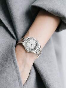 1 chiếc đồng hồ đeo tay nữ công sở thanh lịch, dây thép không gỉ, máy quartz, thích hợp đeo hàng ngày. - Bạc - Xem 2