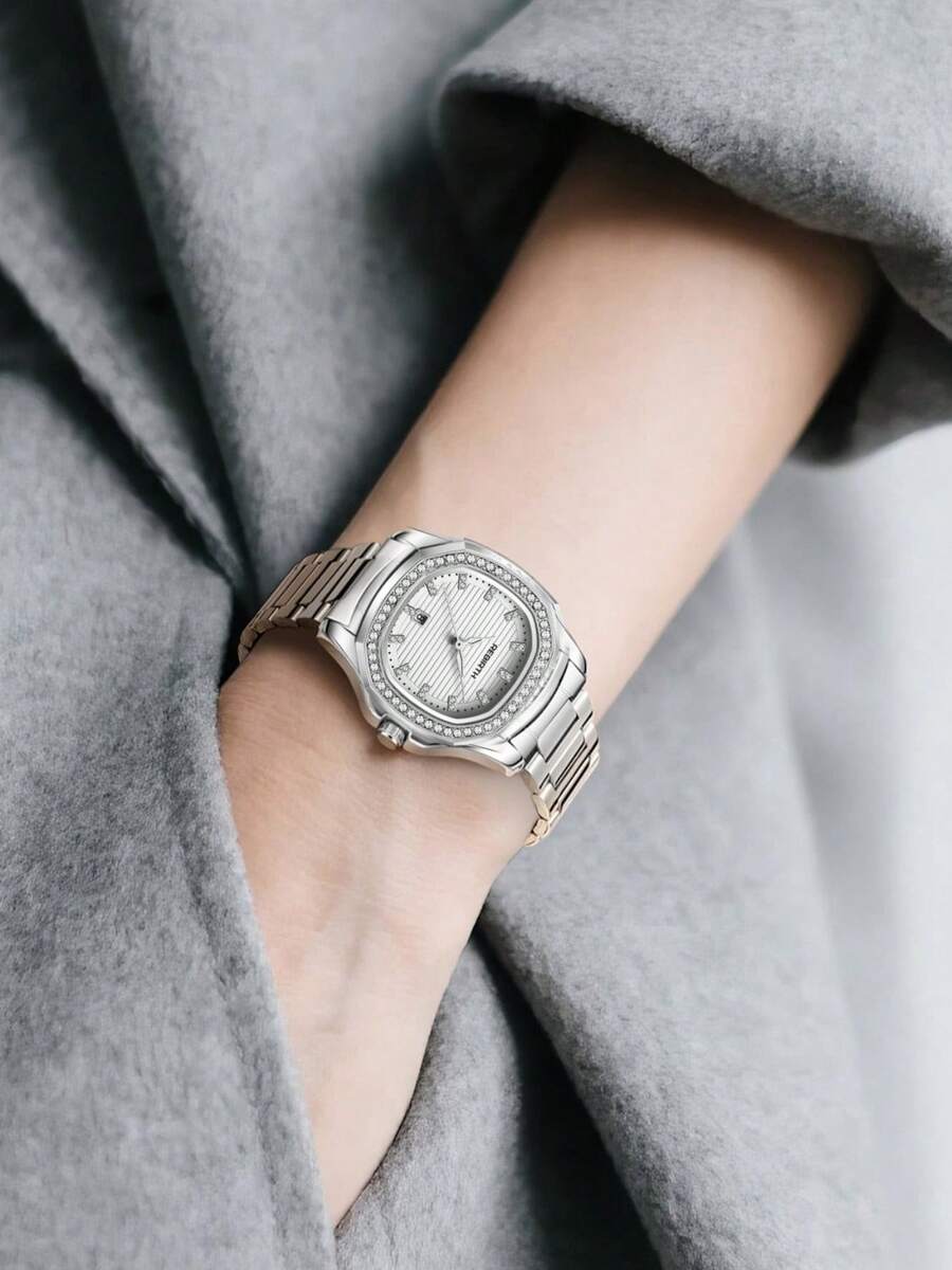 1 chiếc đồng hồ đeo tay nữ công sở thanh lịch, dây thép không gỉ, máy quartz, thích hợp đeo hàng ngày.