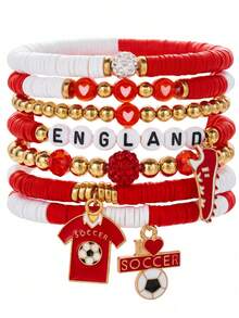 7件套时尚足球主题弹力手链，多层叠戴软陶珠手链，男女皆宜 - 英格蘭 - 查看 3