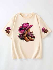 时尚靴子 夏季西部风格图案T恤 女式上衣 - 杏色 - 查看 4