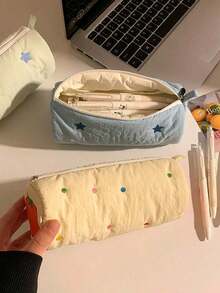 Cute & Creative Star Embroidered Pencil Case, High Quality Ins Style Large Capacity Stationery Pouch For Middle School Girls 2025, Japanese Style Makeup Bag For High School Students,Pencil Pouch,School Bag,School Supplies,Back To School - Vỏ sò xanh - Xem 10