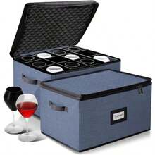 Caja de almacenamiento para copas de vino con divisores paquete de 2 fundas apilables de almacenamiento de vaso servicio de 24 recipientes de almacenamiento de cristalería contenedores acolchados - Azul - Ver 8