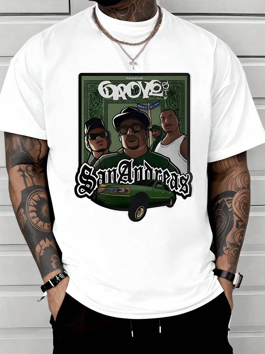 Grupo de amigos frente al coche clásico verde mostrando espíritu urbano callejero y energía de comunidad con detalles artísticos que evocan libertad y cultura popular camiseta de hombre moderna cómoda para uso diario - Blanco - Ver 1