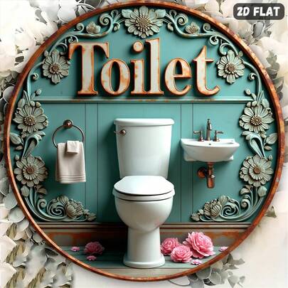 1件 2D 平面 - 8英寸圆形竖式木质花环墙饰牌，2D 平面 - 时尚浴室铭牌，中英文双语，适合节日和新年装饰，竖式悬挂装饰，适用于花园和办公室 - 装饰艺术标牌，2D 平面，预留孔位如图所示