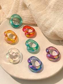 7pcs Iridescent Aurora Resin Rings, Asymmetrical Unique Design Finger Rings - Multicolor - View 4