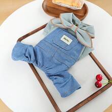 1pc Pet Clothes, Cute 4-Leg Outfit, Durable & Washable Apparel For Small/Medium Dogs, Bow Tie Collar & Suspender Pants - Blue - View 3