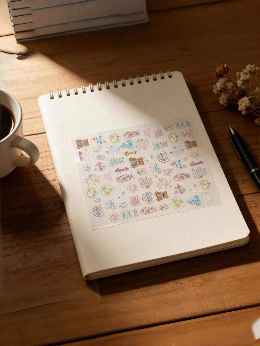 Kawaii Cute Bear Bunny Stickers For Journaling, Transparent Clear Pastel Aesthetic Waterproof Vinyl Stickers For Scrapbooking Planner Diary Stationery Laptop Phone Case Water Bottle DIY Crafts School Supplies Gift For Girls Teens Kids - To5547 - View 1