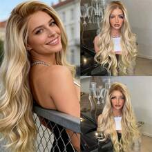 Peluca sintética de onda corporal larga y natural con parte libre, degradado de marrón a rubio, de alta calidad, sin pegamento, para piel blanca - Multicolor - Ver 1