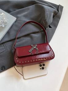 Luxury Niche Gothic Style Rivet Handbag, Korean Fashion Exquisite Versatile Daily Shoulder/Underarm Bag, Spring New Arrival - Burgundy - View 7